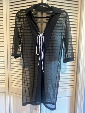 Sheer Black Lace-Up Swim Coverup with Collar